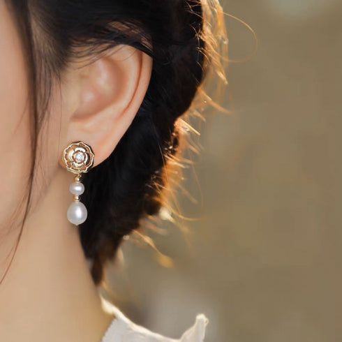 Camellia Pearl Long Drop Earrings
